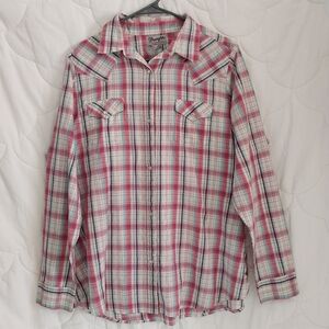 Vintage Wrangler Shirt XXL Lightweight Pearl Snap Long sleeve Pink Plaid shirt